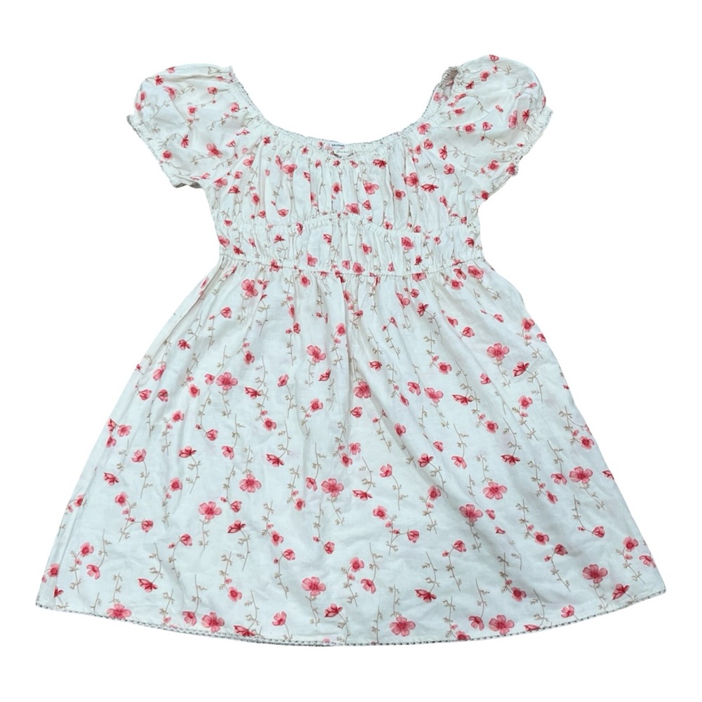 Sim & Sam Cream Mini Dress Chic Pink Floral Puff Sleeve Smocked fit and Flare - Picture 3 of 8